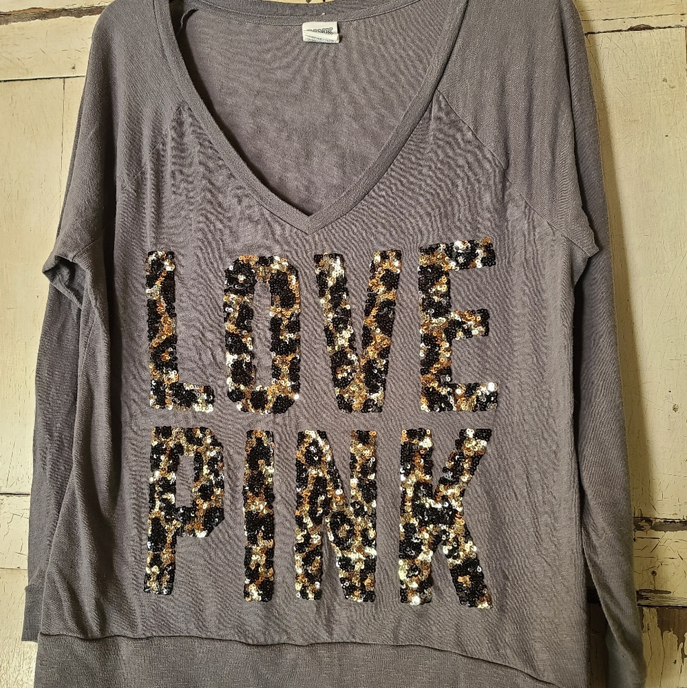 PINK Bling long sleeve V Neck Tee Shirt Leopard Sequins L